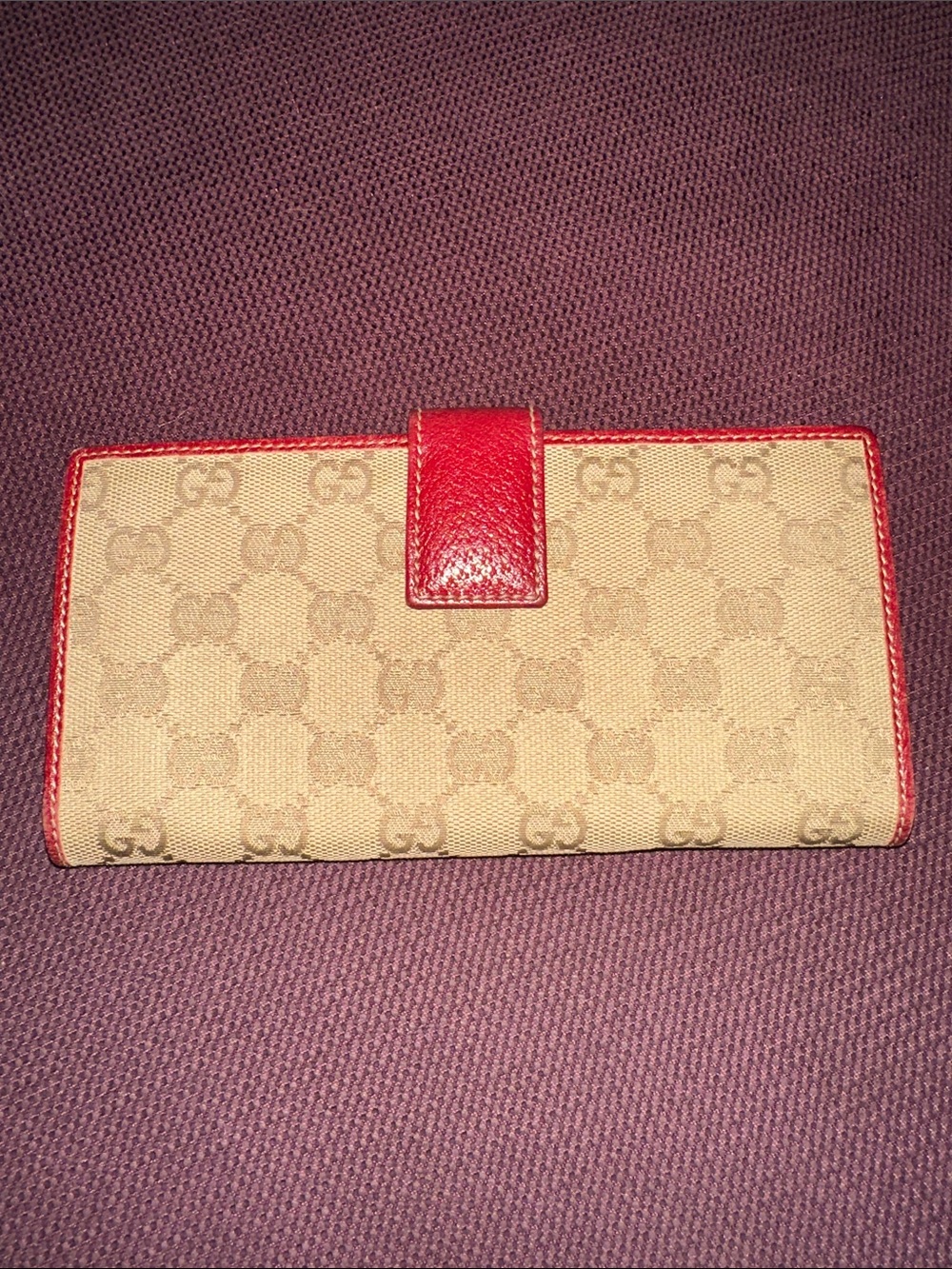 Gucci Tan Canvas & Red Leather Long Sherry Line Bow Flap Wallet - Picture 2 of 2